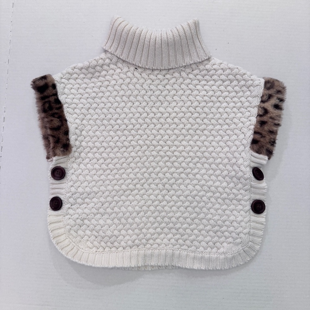 Aspen Kids Faux Fur Sleeveless Turtleneck Knit Poncho Sweater Ivory Leopard